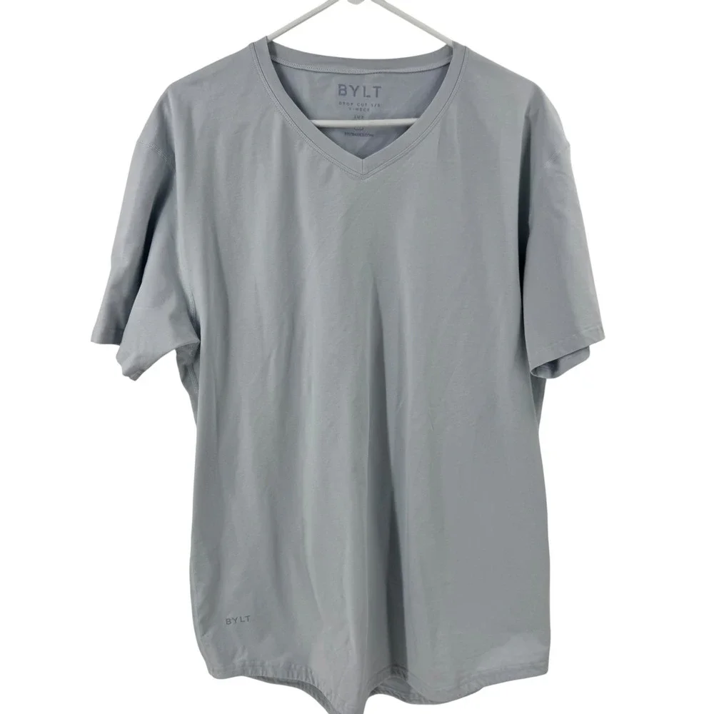 BYLT Premium Basics Mens Drop Cut V-Neck Lux T-Shirt Light Blue‎ Grey XL